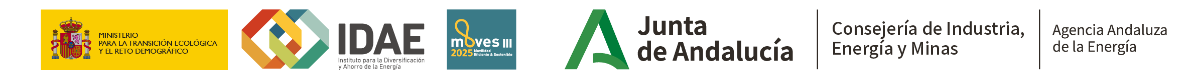 Logos oficiales: Ministerio para la Transición Ecológica, IDAE, Moves III, Junta de Andalucía, Consejería de Industria Energía y Minas, Agencia Andaluza de la Energía